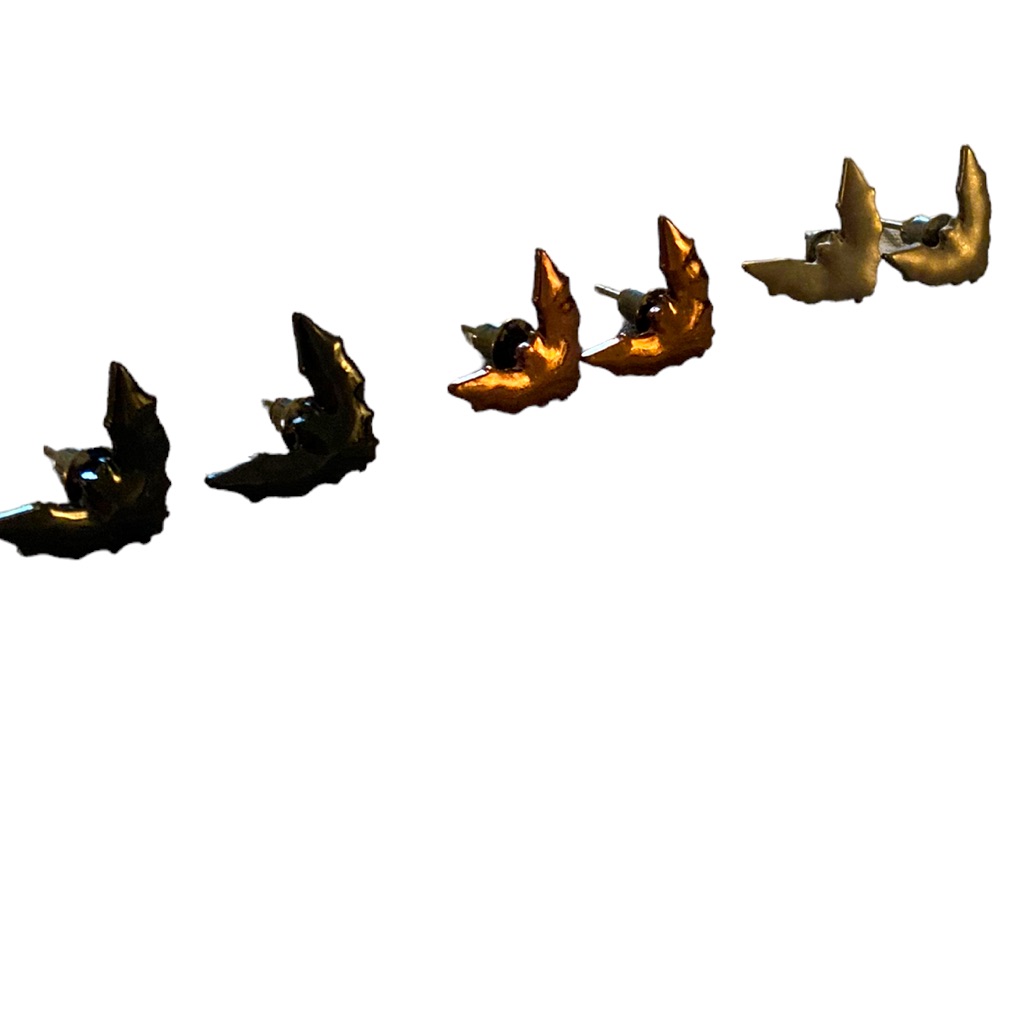 Set Of Three Bat Stud Earrings Colors Shiny Black Copper And Matte Silver 13$